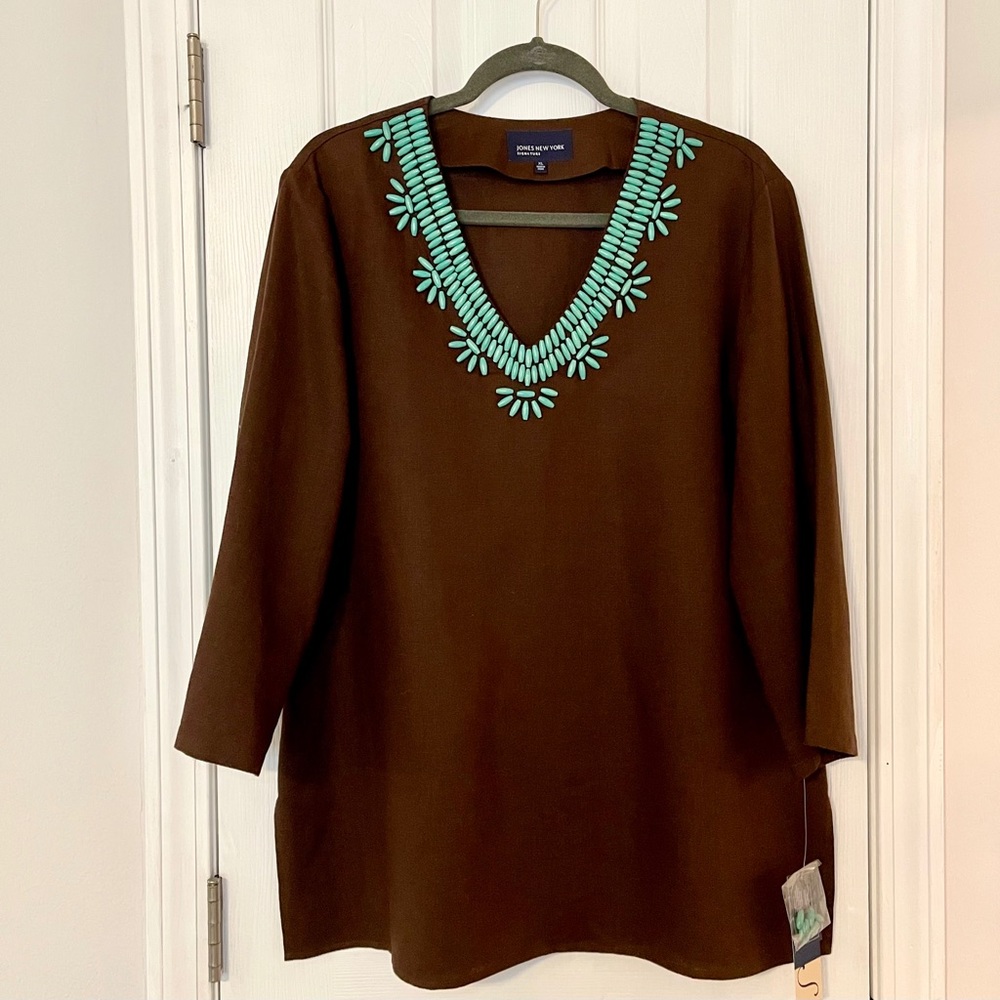 JONES NEW YORK linen chocolate turquoise tunic
